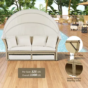 Outdoor Patio Daybed Wicker Rattan Double Daybed Round Sofa Furniture Set With Retractable Canopy, 4