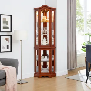 Corner Curio Cabinet With Lights, Adjustable Tempered Glass Shelves, Mirrored Back, Display Cabinet 