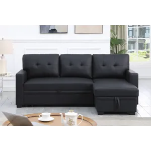 Upholstered Pull Out Sectional Sofa With Chaise - Black