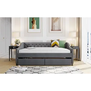 Full Size Upholstered Daybed With Two Drawers, Wood Slat Support - Gray
