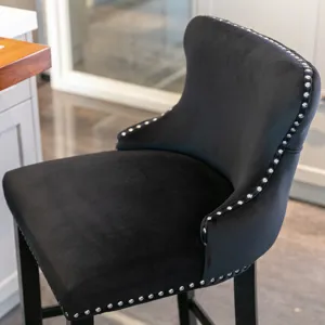 Contemporary Velvet Upholstered Wing-Back Barstools With Button Tufted Decoration And Wooden Legs, A