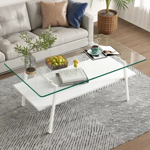 Rectangle Coffee Table, Tempered Glass Tabletop With Metal Legs, Modern Table For Living Room - Tran