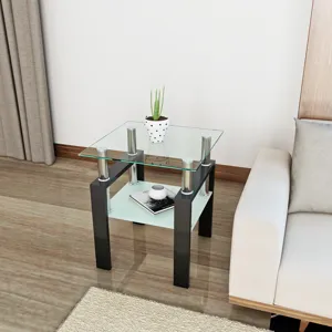 Modern Tempered Glass Tea Table, End Square Table For Living Room - Transparent / Black
