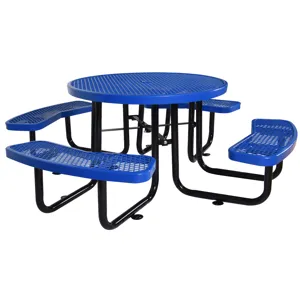 Round Outdoor Steel Picnic Table With Umbrella Pole - Blue