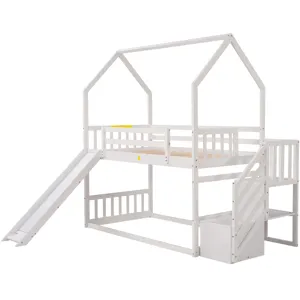 Twin Over Twin House Bunk Bed With Convertible Slide, Storage Staircase - White