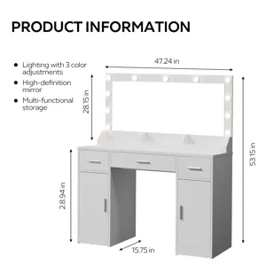 47.2" Vanity Desk With Large Mirror, 3 Colour Lighting Modes, Adjustable Brightness, Dresser With 3 Drawers & 2 Vertical Cabinets, Makeup Vanity Table For Women & Girls - White