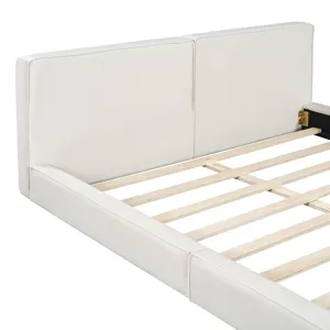 Queen Size Upholstered Platform Bed With , Grounded Bed With Solid Frame - Beige