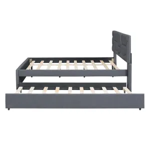 Full Size Upholstered Platform Bed With Brick Pattern Headboard And Twin Size Trundle, Linen - Gray