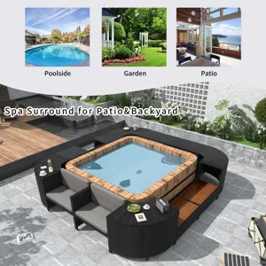 Spa Surround Spa Frame Quadrilateral Outdoor Rattan Sectional Sofa Set With Mini Sofa, Wooden Seats 