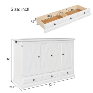 Queen Solid Pine Murphy Bed Chest Cube Cabinet Bed With Charging Station And Large Storage Drawer Fo