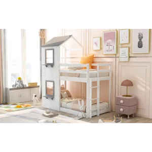 Twin Over Twin Bunk Bed Wood Bed & Roof, Window, Guardrail, Ladder - White