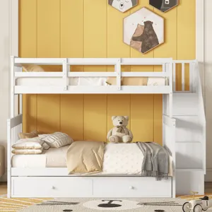 Twin Over Full Bunk Bed With Twin Size Trundle, Storage And Guard Rail For Bedroom, Dorm, For Adults