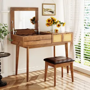 Classic Wood Makeup Vanity Set With Flip-Top Mirror And Stool, Dressing Table With Three Drawers And