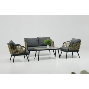 4 Pieces Patio Furniture Set, PE Rattan Wicker With Washable Cushion And Tempered Glass Tabletop, Co