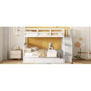 Twin Over Full Bunk Bed With Twin Size Trundle, Storage And Guard Rail For Bedroom, Dorm, For Adults