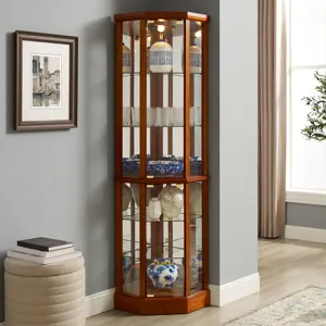 6 Shelf Lighted Corner Curio Cabinet With Adjustable Tempered Glass Shelves And Mirror Back (E26 Lig