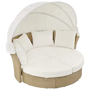 Outdoor Patio Daybed Wicker Rattan Double Daybed Round Sofa Furniture Set With Retractable Canopy, 4
