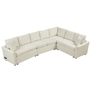L-Shaped Sofa Convertible Sofa Bed Pull Out Sofa Sleeper With Two Back Pillows, Two USB Ports And Tw