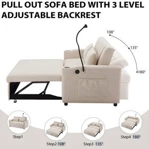 Convertible Sofa Bed Loveseat Sofa With Three USB Ports, Two Side Pockets, Two Cup Holders And 360° 
