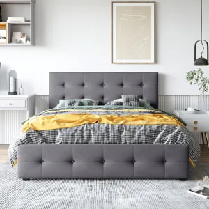 Queen Size Upholstered Platform Bed With Classic Headboard And 4 Drawers, No Box Spring Needed - Dar