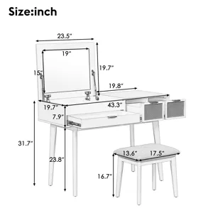 Classic Wood Makeup Vanity Set With Flip-Top Mirror And Stool, Dressing Table With Three Drawers And