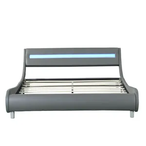 Queen Size Upholstered Platform Bed Frame With LED Lighting, Curve Design, Wood Slat Support, No Box