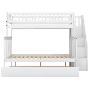 Twin Over Full Bunk Bed With Trundle And Staircase - White