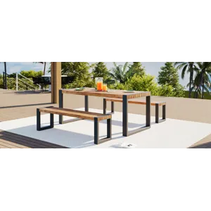 3 Pieces Outdoor Dining Table With 2 Benches, Patio Dining Set With Unique Top Texture, Acacia Wood 