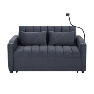 Convertible Sofa Bed Loveseat Sofa With Three USB Ports, Two Side Pockets, Two Cup Holders And 360° 
