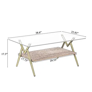 Rectangle Coffee Table With Tempered Glass Top And Golden Metal Legs, Modern Table For Living Room, 
