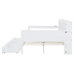 Full Size Wooden Daybed With 3 Drawers, USB Ports And Desk - White