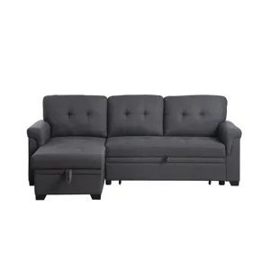 Lucca - Linen Reversible Sleeper Sectional Sofa With Storage Chaise - Dark Gray