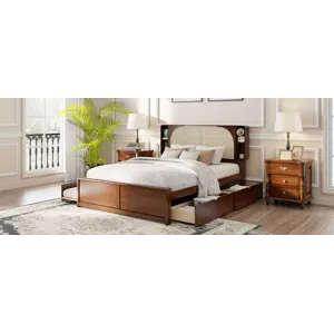 Queen Size Rattan Headboard Bed With Two Drawers And Trundle Walnut