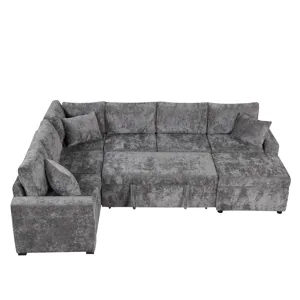 Sectional Sofa Pull-Out Sofa Bed Sleeper With A Storage Ottoman, Three Pillows And Charging Devices 