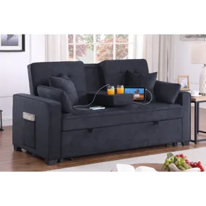 Cody II - 69.5\"W Dark Gray Woven Fabric Convertible Sleeper Loveseat With Cup Holder, Charging Port