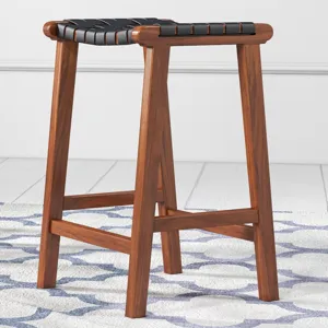 James - Mid-Century Modern Genuine Leather Bar Stool - Black