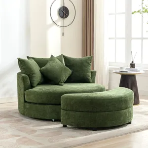 360° Swivel Accent Barrel Chair With Storage Ottoman & 4 Pillows, Modern Chenille Leisure Chair Roun