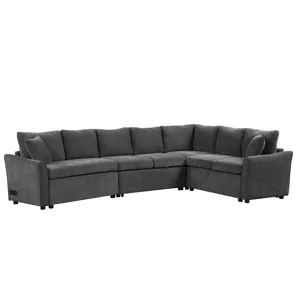 L-Shaped Sofa Convertible Sofa Bed Pull Out Sofa Sleeper With Two Back Pillows, Two USB Ports And Tw