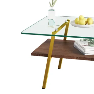 Rectangle Coffee Table, Tempered Glass Tabletop With Gold Metal Legs, Modern Table For Living Room, 