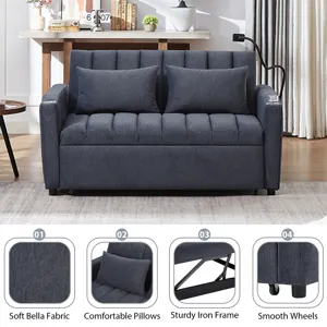 Convertible Sofa Bed Loveseat Sofa With Three USB Ports, Two Side Pockets, Two Cup Holders And 360° 