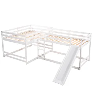 Full And Twin Size L-Shaped Bunk Bed With Slide And Short Ladder - White