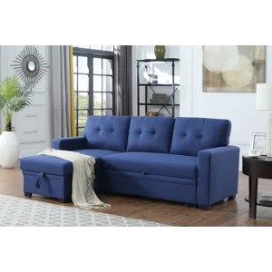 Upholstered Pull Out Sectional Sofa With Chaise - Blue