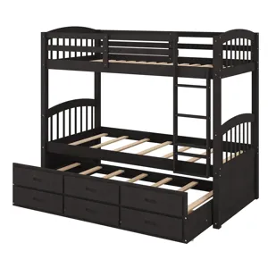 Twin Over Twin Wood Bunk Bed With Trundle And Drawers - Espresso