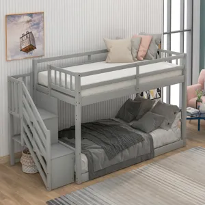 Twin Over Twin Floor Bunk Bed, Ladder With Storage - Gray