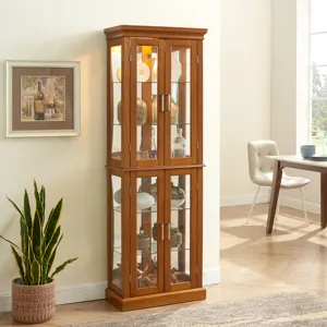 Curio Cabinet Lighted Curio Diapaly Cabinet With Adjustable Shelves And Mirrored Back Panel, Tempere
