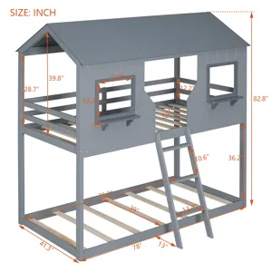 78\" Twin Over Twin Bunk Bed Wood Bed With Roof, Window, Guardrail, Ladder - Gray