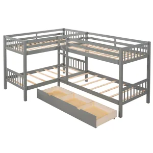 Twin L-Shaped Bunk Bed With Drawers - Gray