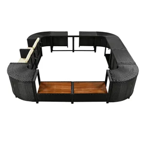 Spa Surround Spa Frame Quadrilateral Outdoor Rattan Sectional Sofa Set With Mini Sofa, Wooden Seats 