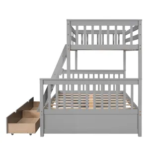 Twin Over Full Bunk Bed With Ladders And Two Storage Drawers - Gray