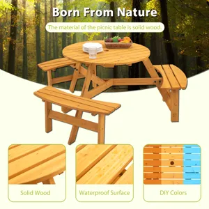 6 Person Circular Outdoor Wooden Picnic Table For Patio, Backyard, Garden, Diy With 3 Built-In Bench